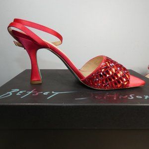 NiB SEXY SPARKLING Betsey Johnson Blue SB-Britt Heeled Sandal, Red, 8.5